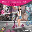 Meisje met een roze AREBOS step, naast een opgevouwen step. "Kinderen, tieners en volwassenen" tekst.