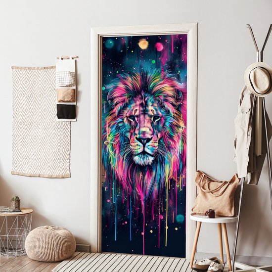Deurposter 90x205 cm - Deursticker Leeuw - Verf - Kleurrijk - Zwart - Dieren - Meubelfolie zelfklevend - Deurfolie tienerkamer - Interieurfolie kinderkamer - Deur plakfolie - Deurbehang sticker - Kamer decoratie tieners
