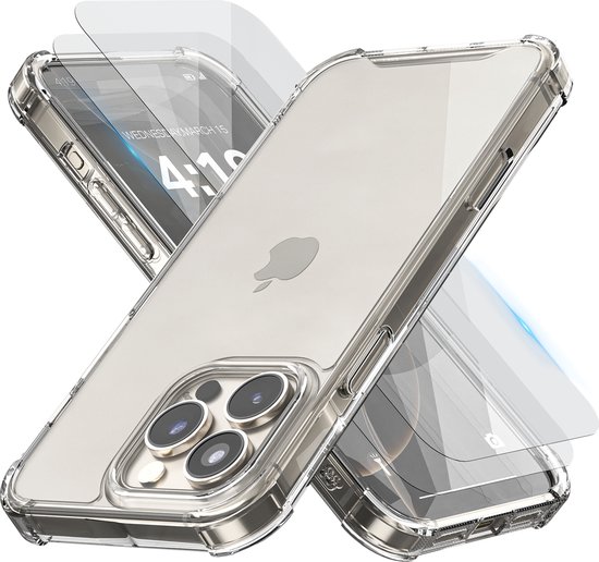 Hoesje geschikt voor iPhone 16 Pro Transparant - 2x screenprotector - beschermglas screen protector - Anti Shock hoesje case