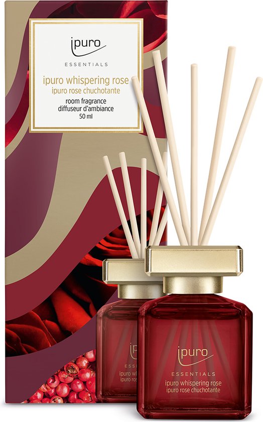 Ipuro Geurdiffuser Whispering Rose: een donkerrode glazen fles met gouden dop en 7 rietjes, met rode rozen op de verpakking.