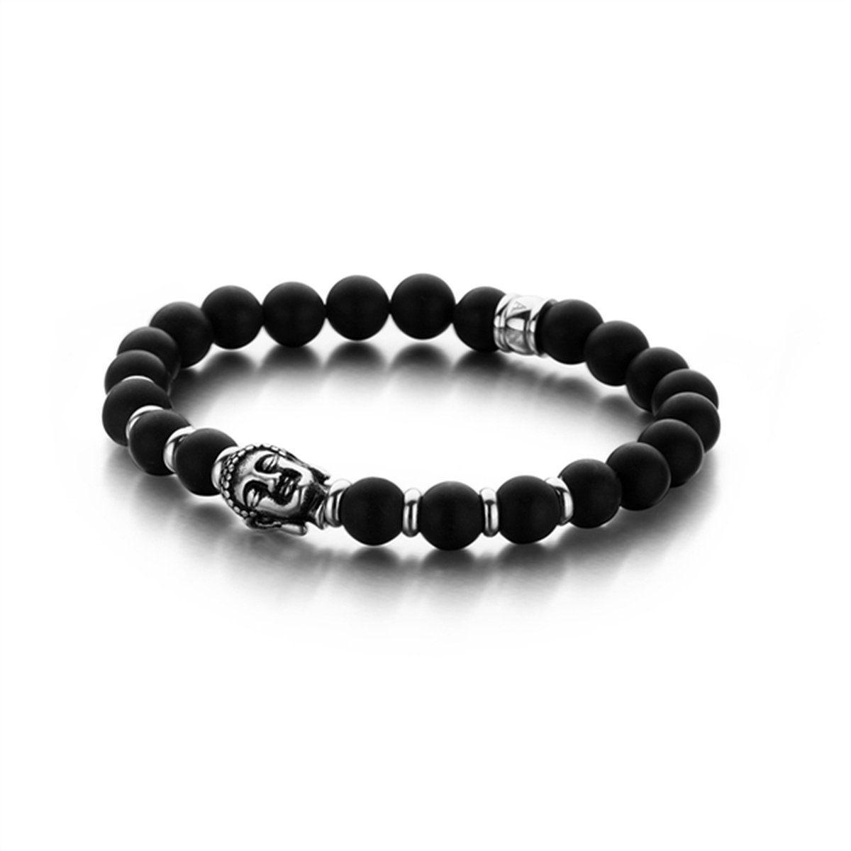 Frank 1967 7FB-0151 - Heren natuurstenen armband - 8 mm Agaat met stalen Boeddha - one-size - zwart
