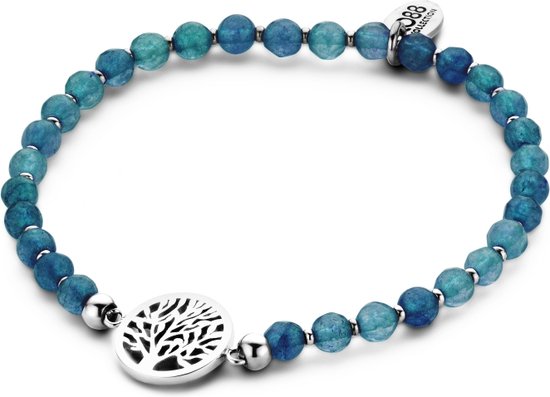 CO88 Collection Beloved 8CB 90226 Bracelet extensible avec éléments en acier - Arbre de vie Ø 12 mm - Natuursteen de jade 4 mm - Taille unique - Couleur Blauw / argent
