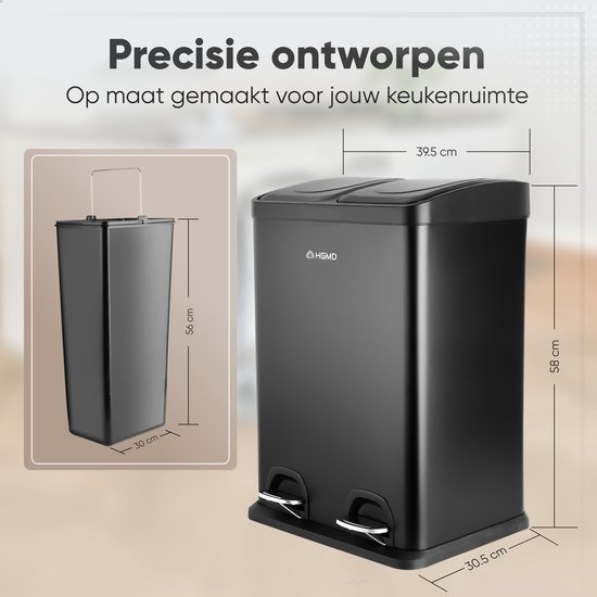 Zwarte prullenbak met twee pedalen en twee vakken, met afmetingen van 39.5 cm breed, 58 cm hoog en 30.5 cm diep.