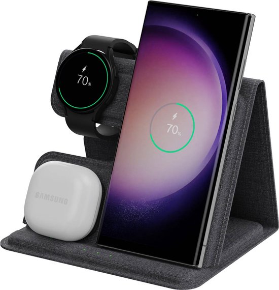 imoshion 3-in-1 Opvouwbare Draadloze Oplader - 15W Qi Oplaadstation - Foldable Wireless Charger – Geschikt voor o.a. Samsung en Galaxy Buds - Alleen geschikt voor Galaxy Watch - Grijs