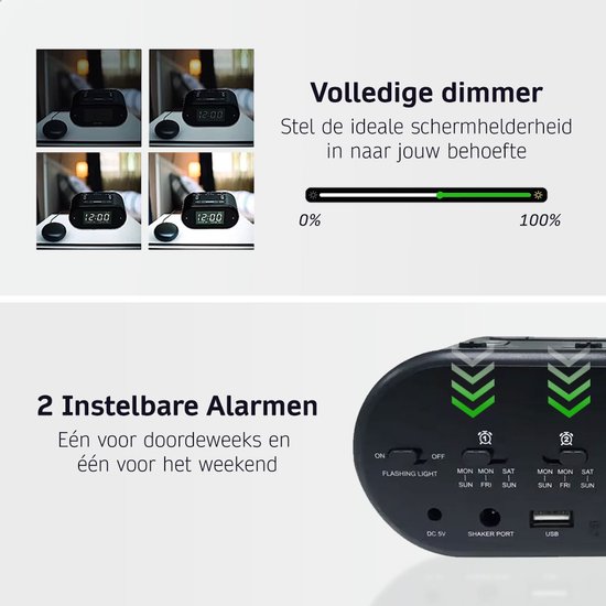 BrightLife Trilwekker - Wekker Slechthorenden of Doven - Krachtige trilfunctie voor onder kussen - Inclusief Felle Lichtflitsen en Alarm - Luide Wekker voor Vaste Slaper