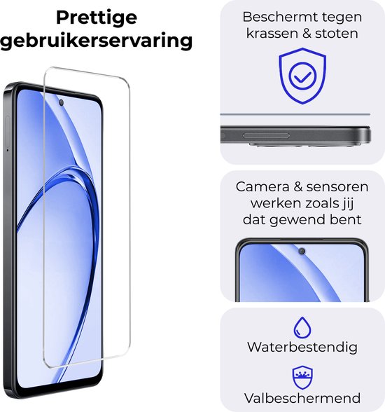 Transparant displaybeschermer op een telefoon, met teksten over kras-, stoot- en valbescherming.