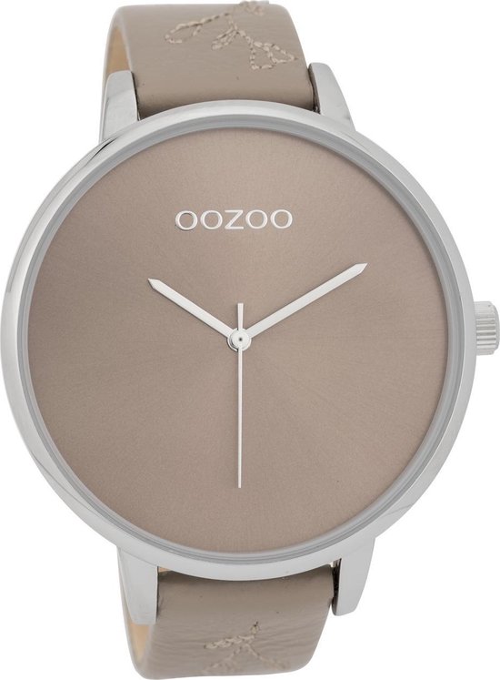 Zilverkleurige OOZOO horloge met taupe leren band - C9718