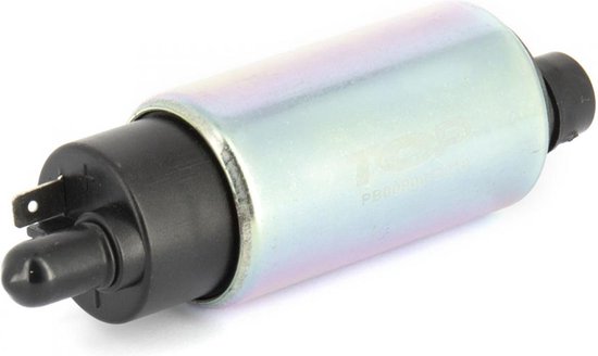 Pompe à carburant argentée Top Performances avec raccord noir et logo de marque.