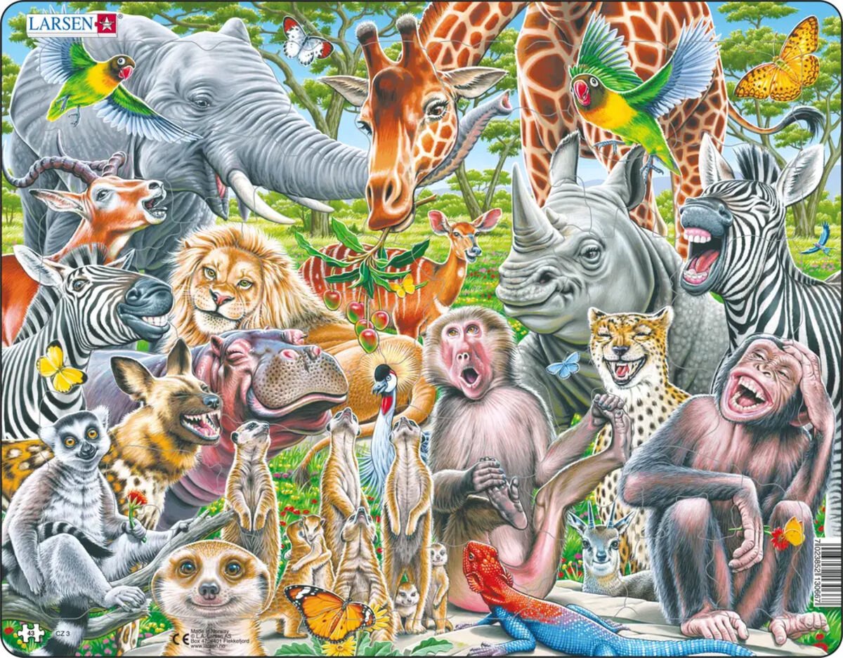 Larsen Blije Afrikaanse dieren – Puzzel – Dieren – Afrika – Educatieve legpuzzel voor kinderen – 43 stukjes – Gemaakt in Noorwegen – Extra dikke 2,5 mm stukjes – Tray met vaste rand