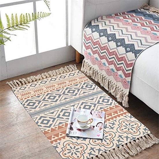 Tapis Boho pour le Salon, Petits Tapis en Coton tissé avec Pompon, 60 x 90 cm, Plaid Maison de Construction Vintage, Lavable, pour Cuisine, Salle de Bain, Chambre, Buanderie, Entrée, Intérieur (B)