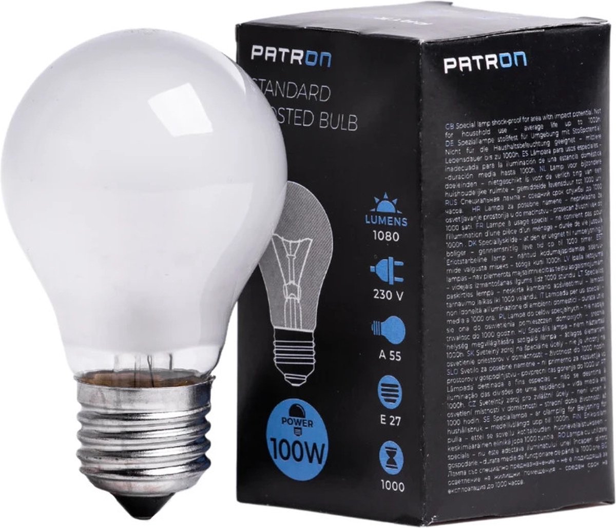 Patron E27 Gloeilamp | 100W 2700K 1080Lm Mat | Dimbaar