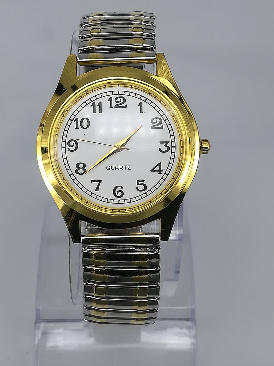 Dameshorloge - Rekband - Klassiek - Ø 30mm - Goud met zilverkleurig - Witte duidelijke wijzerplaat - past bijna elke pols.