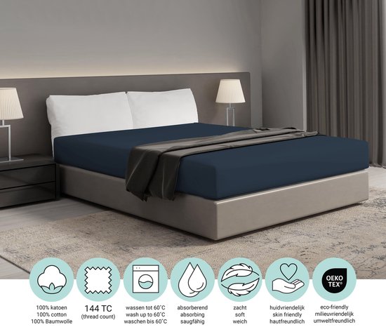 Drap-housse bleu foncé sur un lit avec des icônes : 100% coton, 144 TC, lavable jusqu'à 60°C, absorbant, doux, hypoallergénique, OEKO-TEX.