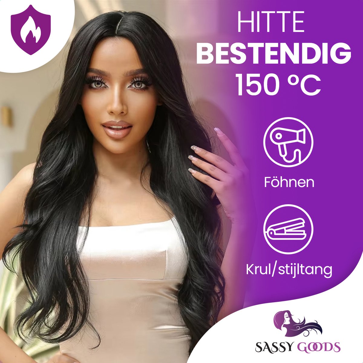 SassyGoods Zwarte Pruik - Pruiken Dames Lang Haar - Wig - Golvend Haar - Haren Vrouwen - Verstelbaar - Wasbaar - Zwart — afbeelding 7