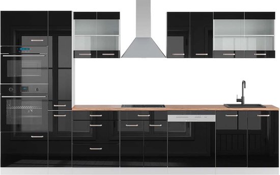 Meuble de cuisine complet Vicco R- Line – 350 cm avec meuble haut, WB Oak Zwart brillant/blanc avec meuble haut, WB Oak