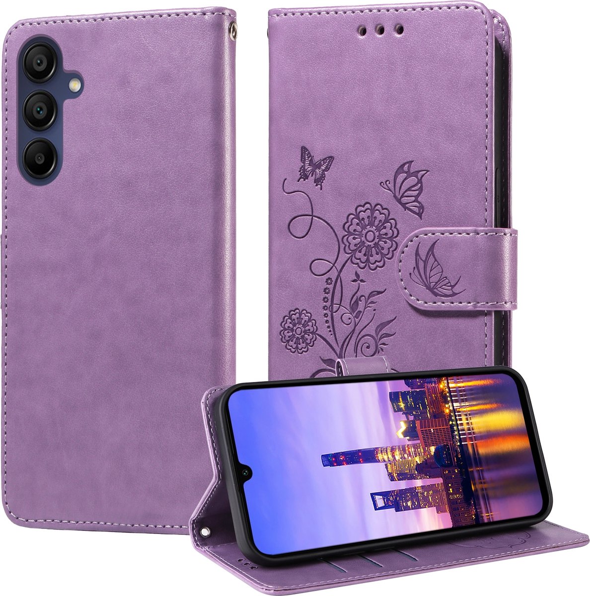 Mobigear Telefoonhoesje geschikt voor Samsung Galaxy A16 Hoesje | Mobigear Flowers Bookcase Portemonnee | Pasjeshouder voor 3 Pasjes | Telefoonhoesje voor Pinpas / OV Kaart / Rijbewijs - Paars