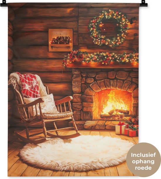 Tapisserie murale 60x80 cm - Toile murale Hiver - Noël - Maison - Cheminée - Tapisserie - Tapisseries