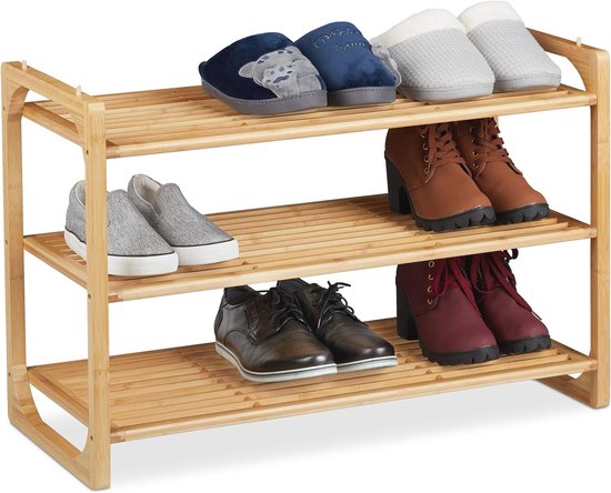 Relaxdays bamboo shoe rack, stackable shoe cabinet with 3 floors, up to 9 pairs of shoes, HDD 50 x 75.5 x 33 cm, brown