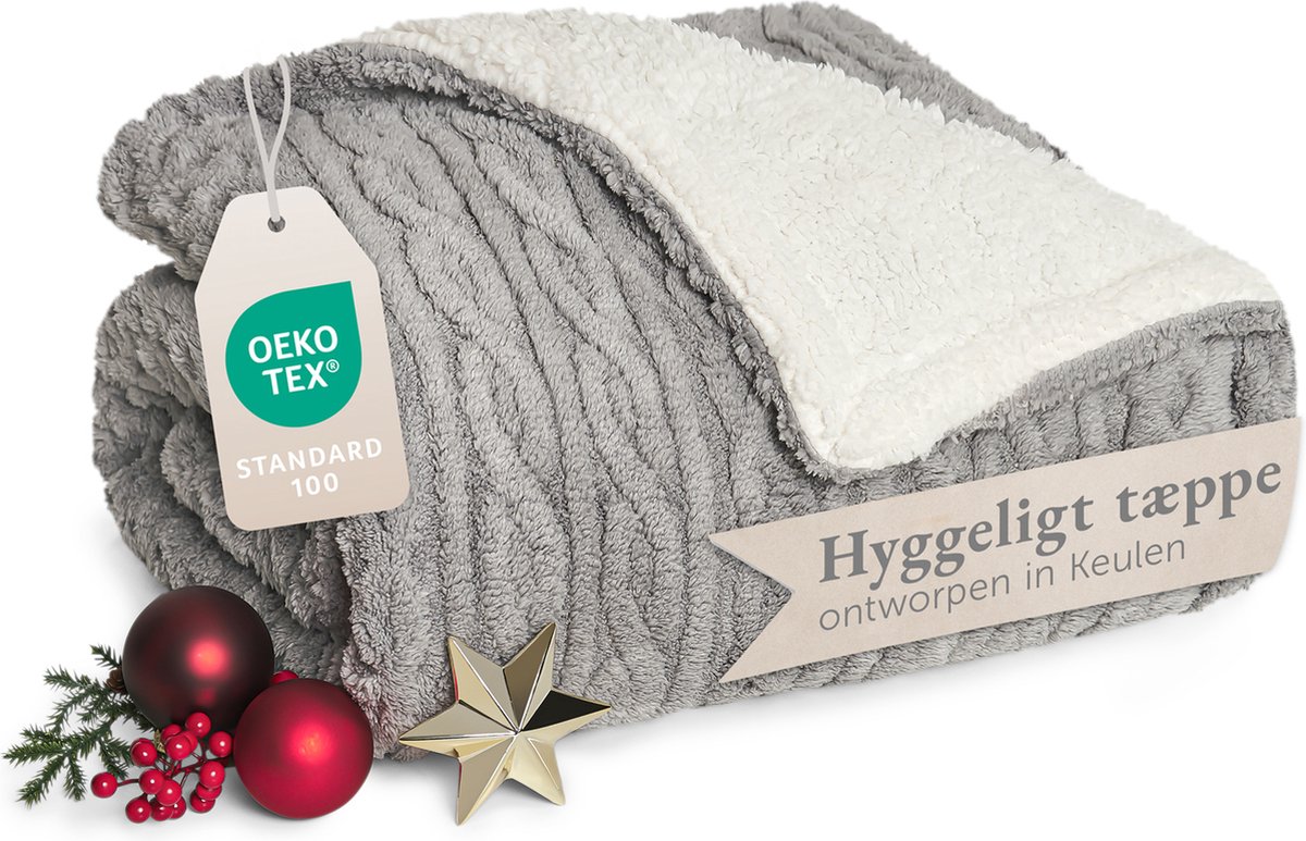 Blumtal Fleece Deken - Kabelgebreide look - 130x150 cm - Oeko-TEX gecertificeerd - Microvezel Fleece Deken - Zachte Sherpa Binnenkant - Grijs en Ivoor