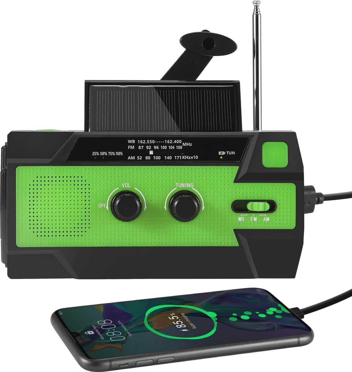 Draagbare Zonne-Radio met Oplaadbare Batterij en Powerbank, AM/FM Noodradio met LED-Zaklamp voor Outdoor en Camping