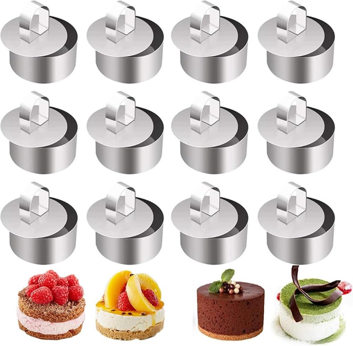 12 stuks taartringen, dessertringen 8 cm, 340 roestvrij staal, dinerringen, serveerringen met perslift, verdikt bakgereedschap voor gebak, dessert