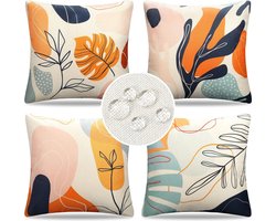 Kussenhoes, 45 x 45 cm, set van 4, boho, abstract, bladeren, outdoor, kussen, bankkussen, sierkussen, kussenhoes, lente, zomer, waterdicht, linnen kussenslopen voor bank, slaapkamer, woonkamer,