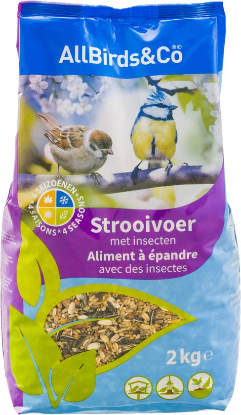 Paarse en blauwe zak met vogels en zaden, met 'Strooivoer met insecten' in paars tekstvak.