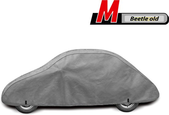 Grijze autohoes voor een Kever, met logo 'M Beetle old'.