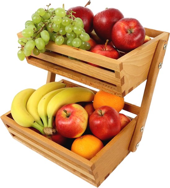 B4K Cestino per frutta in legno di faggio, dimensioni 24 x 32 x 29 cm, cesto per frutta, cestino da servizio, espositore per frutta, 2 ripiani, disponibile in 3 diversi colori, perfetto per frutta e