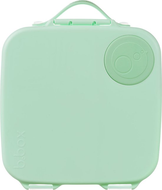 Gesloten lichtgroene bento box met handvat.