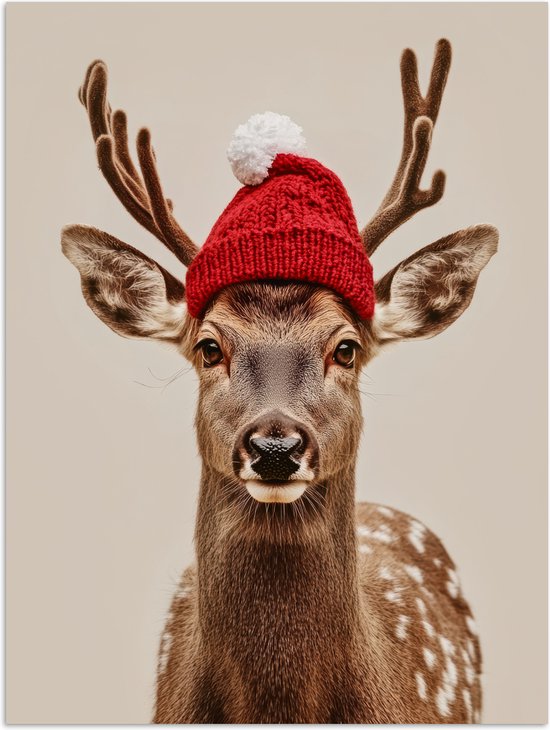 Poster 60x80 cm - Hert - Kerst - Muts - Dieren - Winter - Grappig - Posters - Kamer decoratie - Wanddecoratie woonkamer - Muurdecoratie slaapkamer - Kerstversiering - Kerstdecoratie voor binnen - Kerstmis