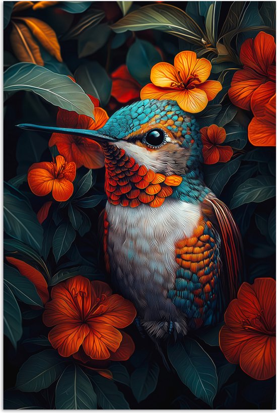 Poster 60x90 cm - Kolibrie - Vogel - Kleurrijk - Oranje bloemen - Posters - Kamer decoratie - Wanddecoratie woonkamer - Muurdecoratie slaapkamer