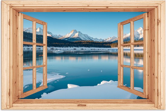 Poster 120x80 cm - Doorkijk - Landschap - Winter - Meer - Bergen - Uitzicht - Posters - Kamer decoratie - Wanddecoratie woonkamer - Muurdecoratie slaapkamer
