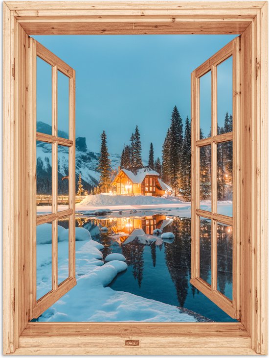 Poster 90x120 cm - Winterlandschap - Natuur - Huis - Bergen - Doorkijk - Raam - Posters - Kamer decoratie - Wanddecoratie woonkamer - Muurdecoratie slaapkamer