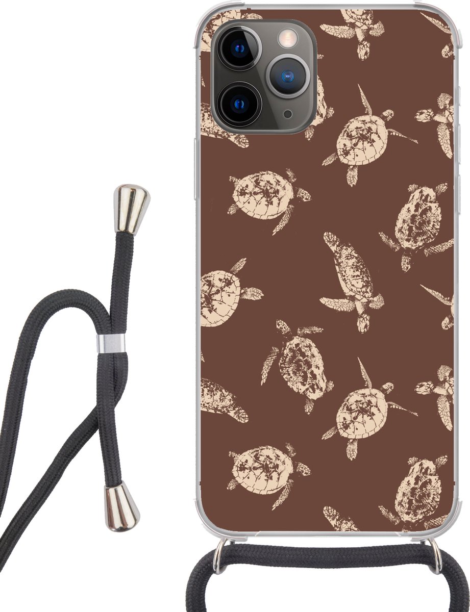 Telefoonhoesje Geschikt voor iPhone 12 pro crossbody - Schildpadden - Patroon - Bruin - Beige - Siliconen - Crossbody - Backcover met Koord - Telefoonhoesje met koord - Hoesje met touw Telefoonhoesje
