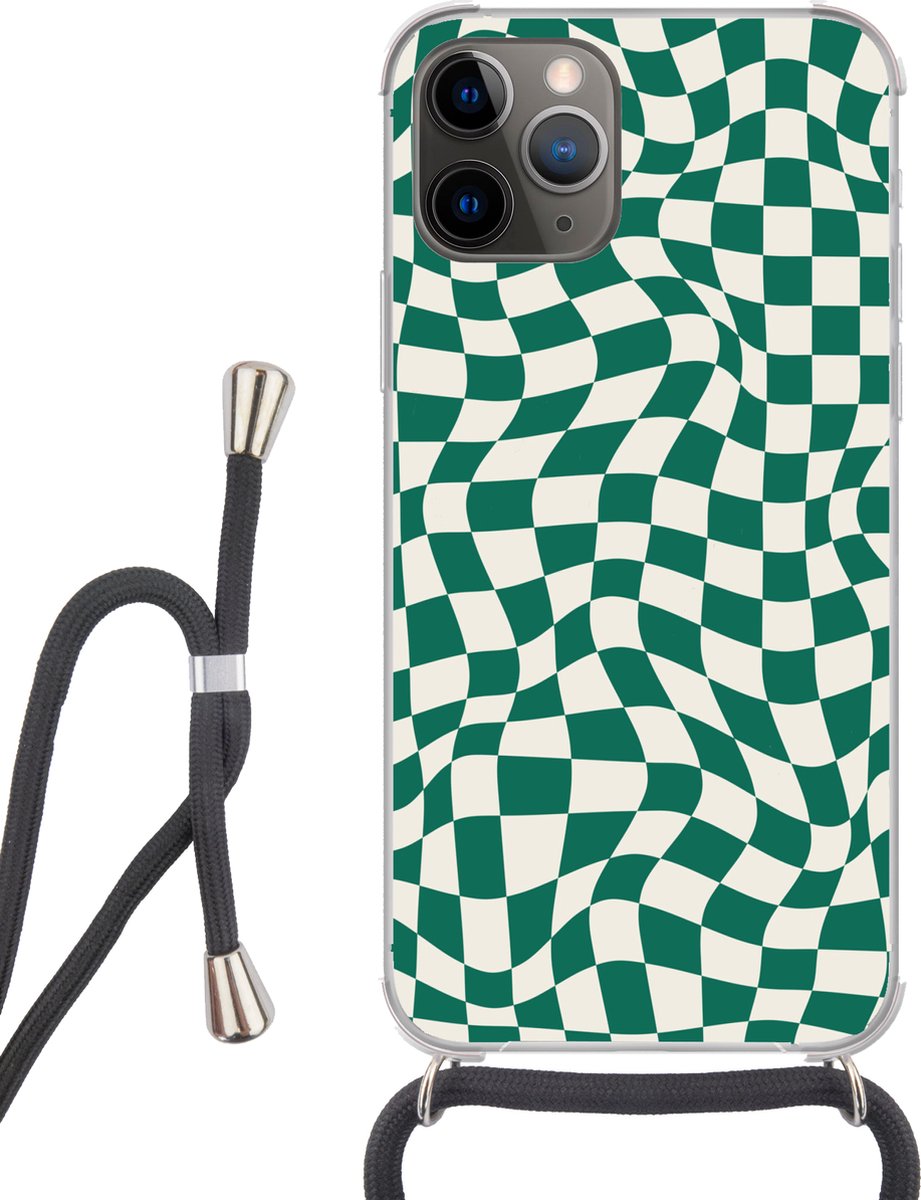 Telefoonhoesje Geschikt voor iPhone 13 Pro Max - Golvende vakjes - Groen - Wit - Abstract - Siliconen - Crossbody - Backcover met Koord - Telefoonhoesje met koord - Hoesje met touw Telefoonhoesje