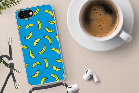 Coque de téléphone compatible avec iPhone SE 2020 - Bananes - Jaune - Blauw - Imprimé - Siliconen - Bandoulière - Coque arrière avec cordon - Coque de téléphone avec cordon - Coque avec corde Coque de téléphone
