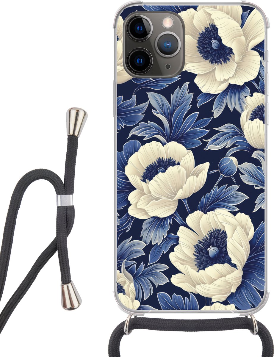 Telefoonhoesje Geschikt voor iPhone 11 Pro - Bloemen - Patroon - Blauw - Wit - Siliconen - Crossbody - Backcover met Koord - Telefoonhoesje met koord - Hoesje met touw Telefoonhoesje
