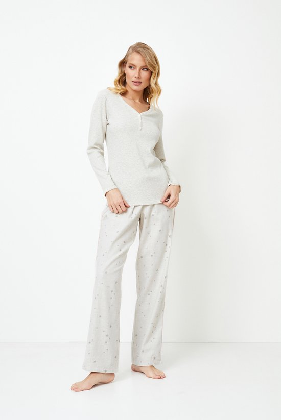 Dames pyjamaset Doreen-T-shirt met lange mouwen-lange broek met sterrenmotief-lichtgrijs-maat XL