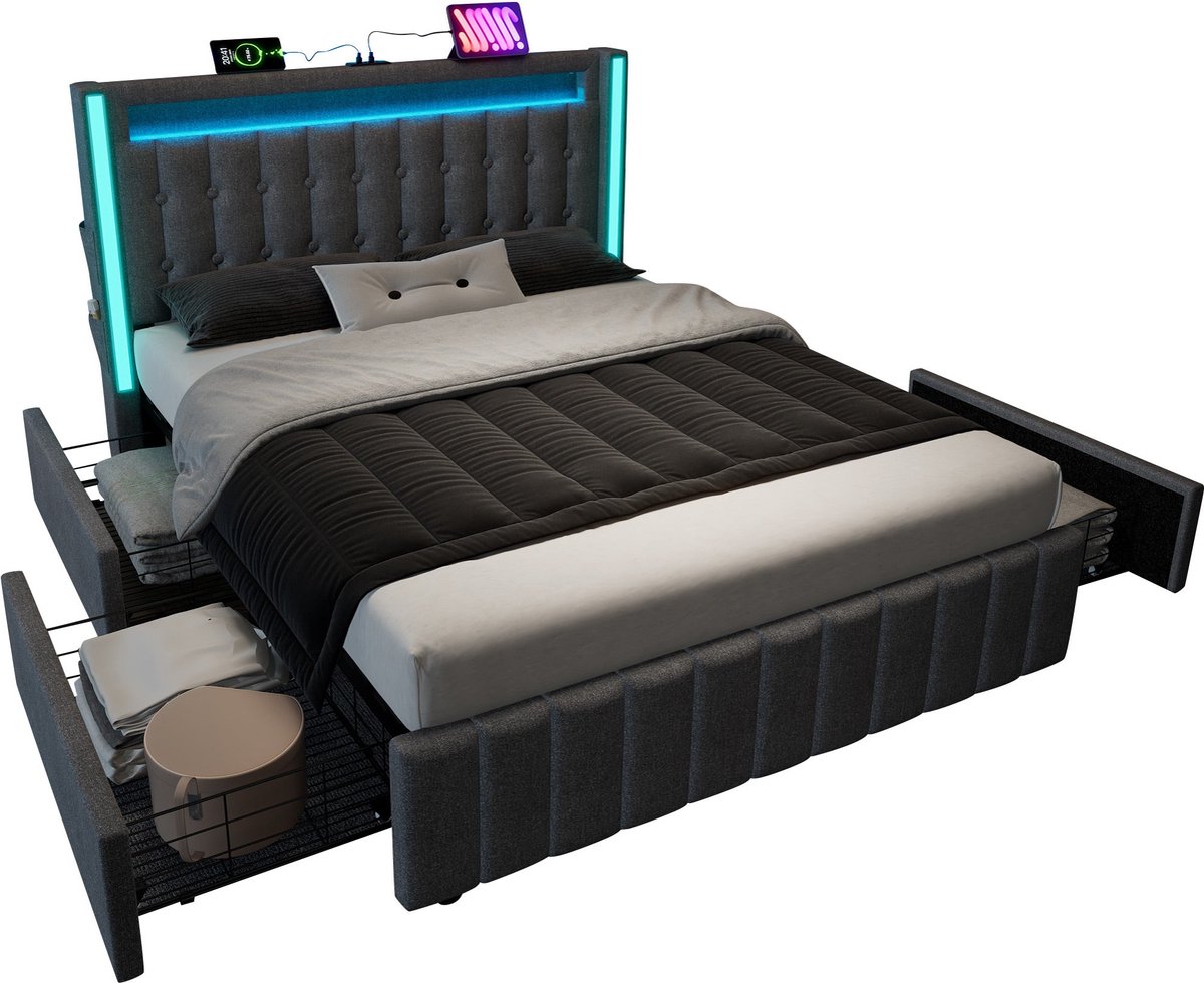 Merax Gestoffeerd Tweepersoonsbed 160x200 cm met USB-C - LED Verlichting en 4 Lades – Inclusief Houten Lattenbodem – Grijs (Zonder Matras)