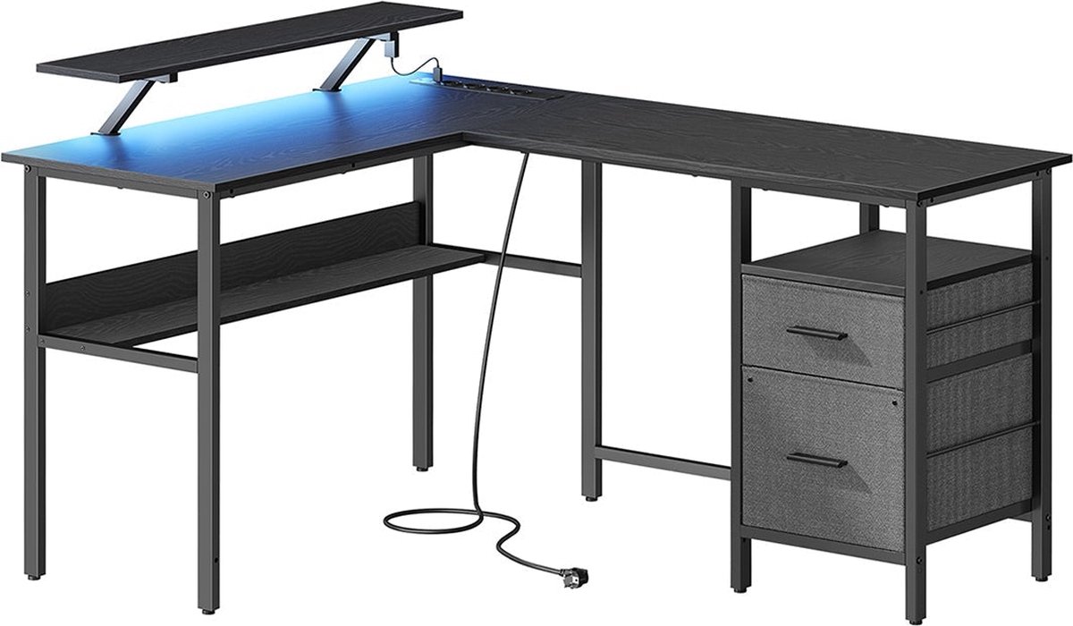 L-vormig Bureau - Werkstation - Hoekbureau - Ebbenhout Zwart - Inbouwstopcontacten - 120cm x 140cm x 75cm