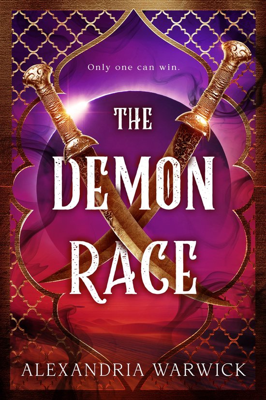 Boekomslag 'The Demon Race' met gekruiste zwaarden, paarse rook en een woestijnzonsondergang.