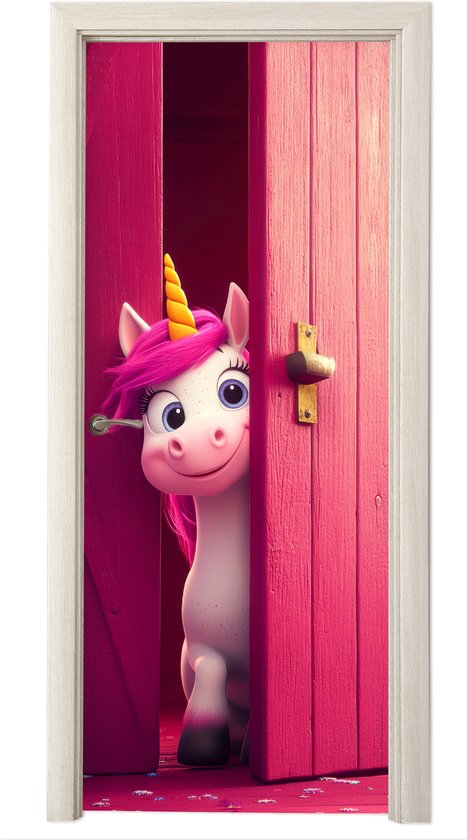 Deurposter 85x215 cm - Deursticker Eenhoorn - Roze - Deur - Fantasie - Meubelfolie zelfklevend - Deurfolie woonkamer - Interieurfolie kinderkamer meisjes - Kamer decoratie accessoires - Deurbehang sticker