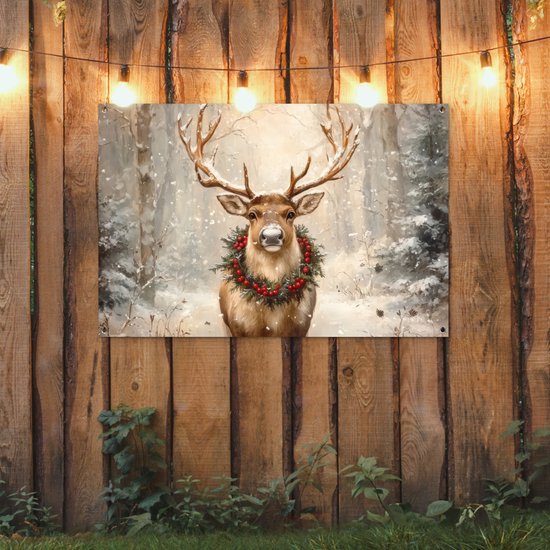 Affiche de jardin 120x80 cm - Décoration de jardin Noël - Renne - Hiver - Couronne - Affiche pour le jardin - Décoration extérieure - Tableau de jardin clôture - Décoration murale sur toile de jardin - Décoration murale sur toile de balcon