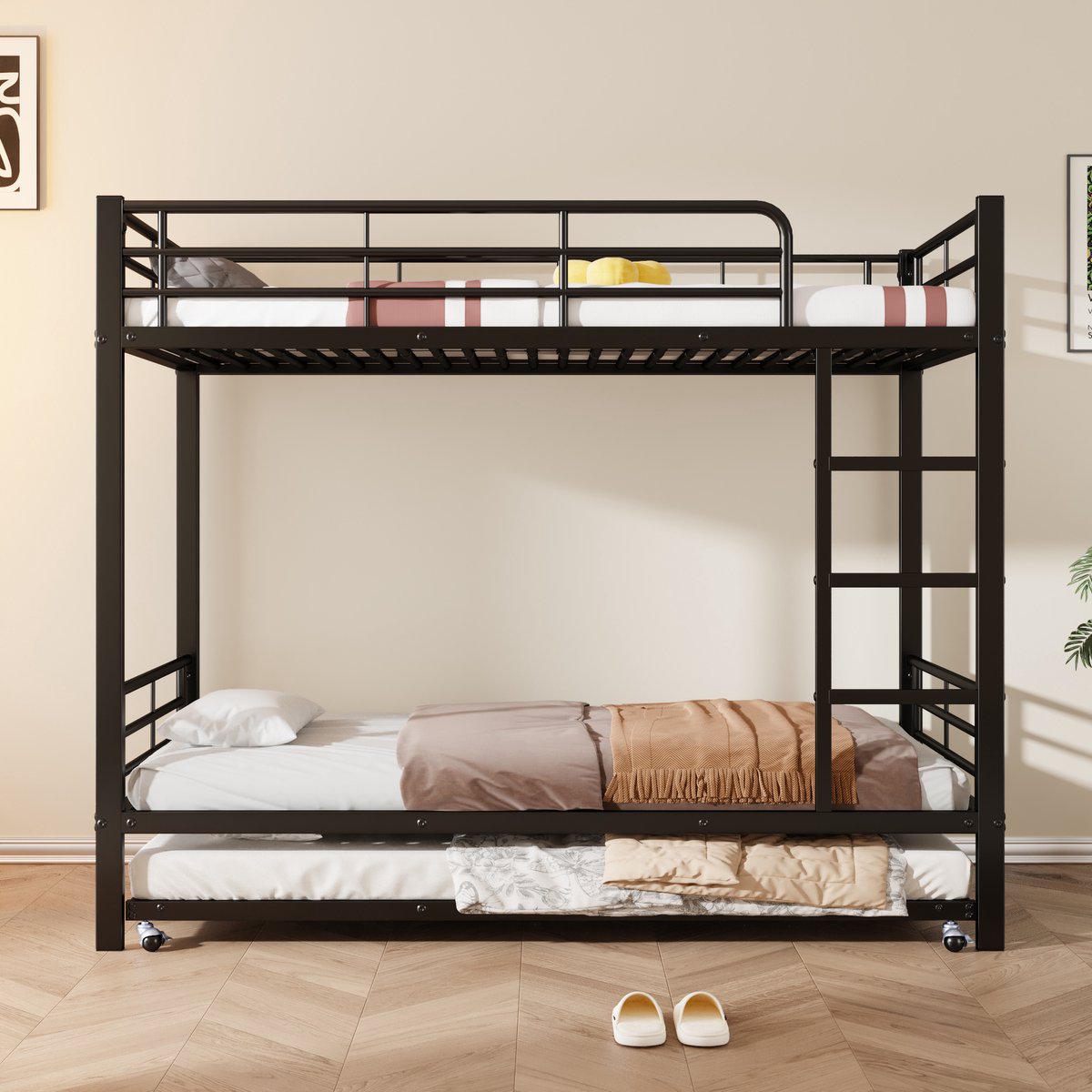 Gutent IJzeren Stapelbed (Zonder matras) voor kinderen en tieners, met uitschuifbaar bed, met relingen, Zwart, 90x200cm & 90x190cm