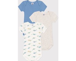 Petit Bateau Setje met 3 bedrukte katoenen rompertjes met korte mouw voor baby's Unisex Rompertje - Beige;Blauw;Wit;Groen