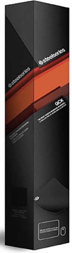 Verpakking van de SteelSeries QcK muismat met oranje en zwarte grafische elementen en het SteelSeries-logo.
