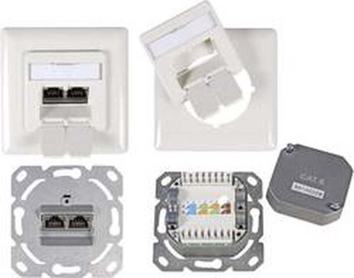 Wandcontactdoos CAT6 inbouw afgeschermd 2 x RJ45 40° draaibaar wit