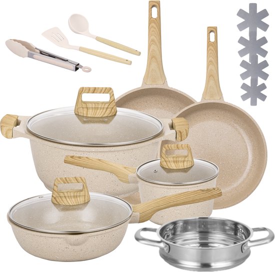 Maison & Kitchen - 16 delige pannenset inductie PFAS vrij kookpannen - Japandi beige