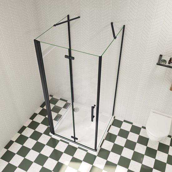 110x70x195cm douchecabine, met inklapbare vouwdeur en twee vaste zijwanden, 6mm helder EasyClean veiligheidsglas,mat zwarte aluminium frame, stabilisatiestang 45 cmX2
